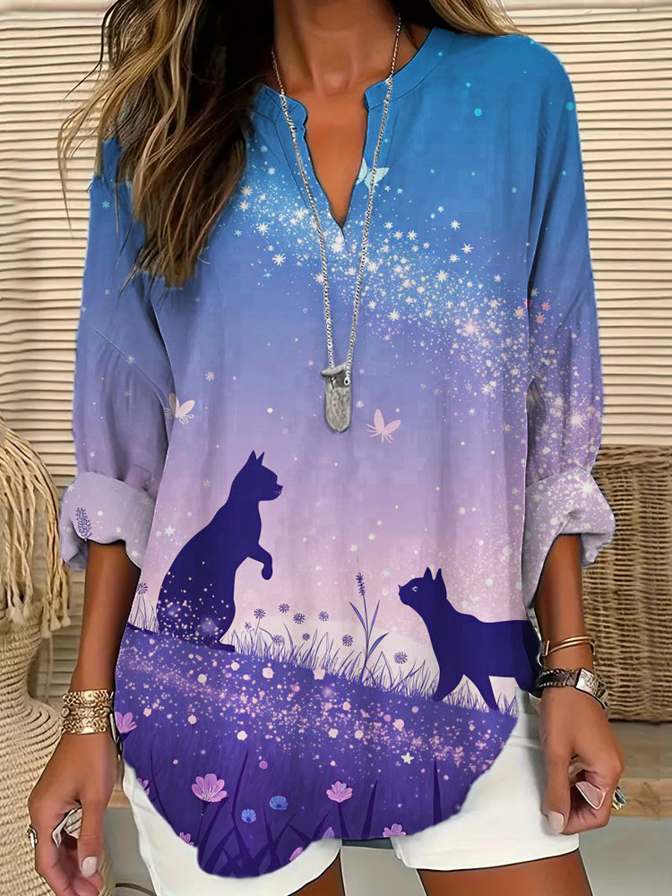 Butterfly & Cat Star Element Printed Women's V-neck Long Sleeve Shirt elevenforest