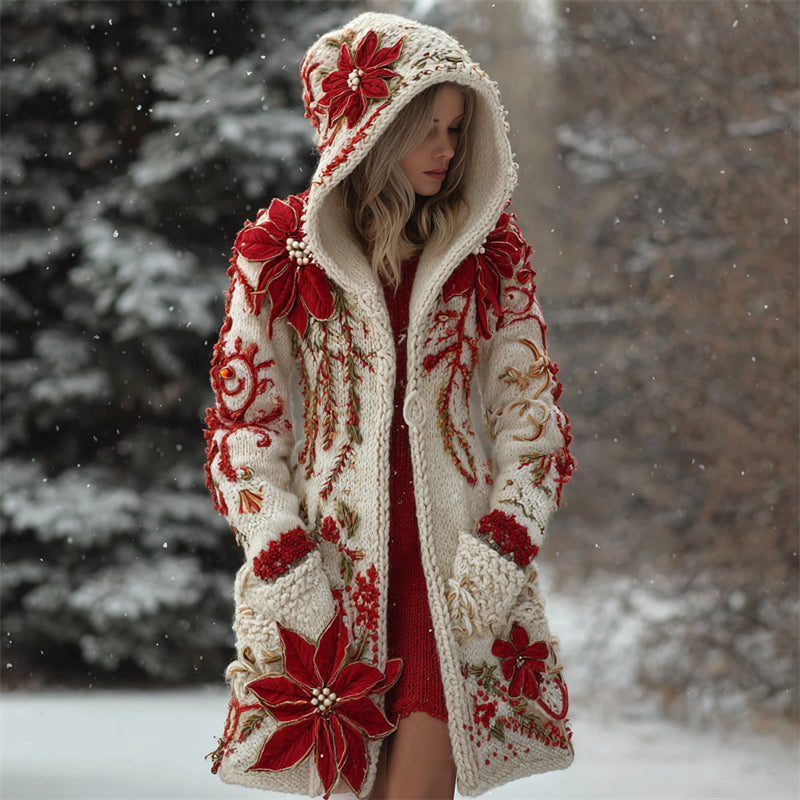 Comstylish Classy Elegant Christmas Poinsettia Cozy Hooded Cardigan