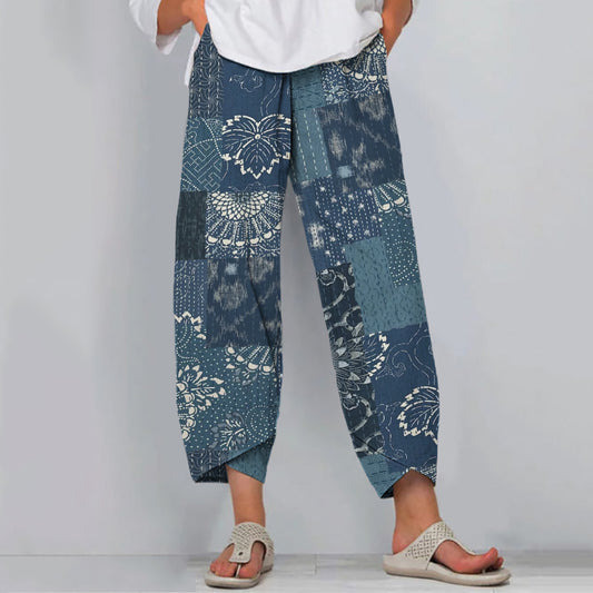 Comstylish Vintage Japanese Traditional Sashiko Blooming Patchwork Art Cropped Casual Pants
