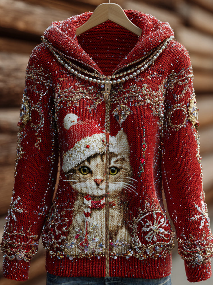 Comstylish Christmas Cat Sticker Diamond Hooded Cardigan Sweater