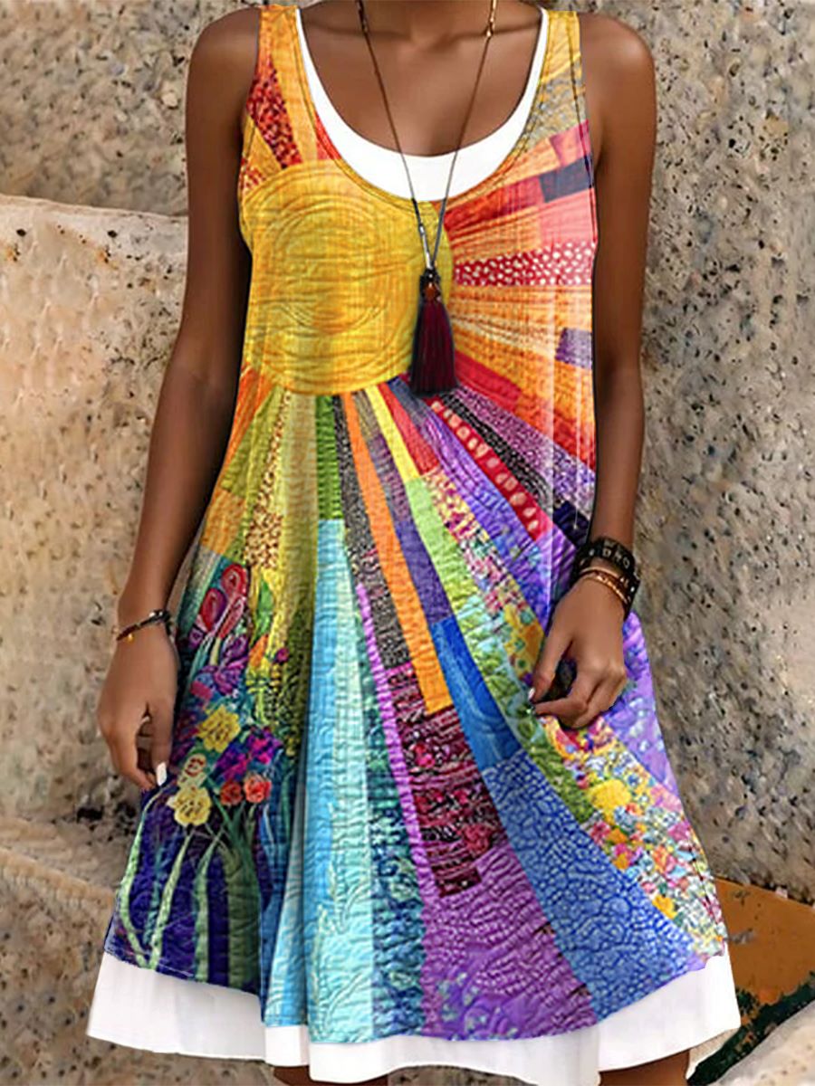 Women's Colorful Sun Patchwork Pattern Art Print Dresses