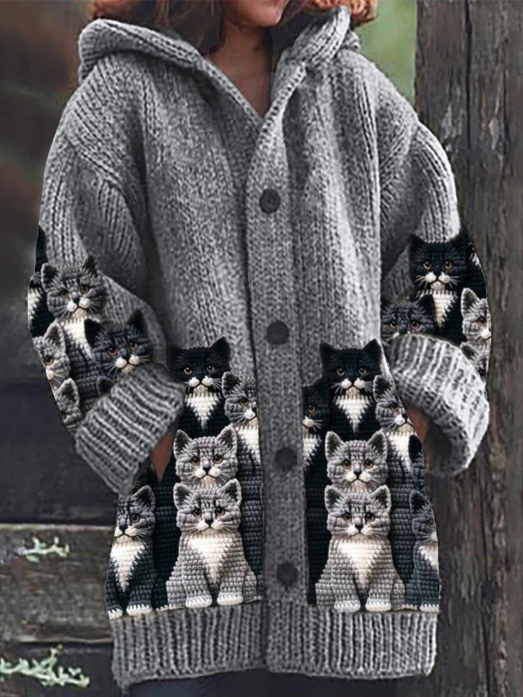 Crowded Cats Crochet Art Cozy Knit Hooded Cardigan elevenforest