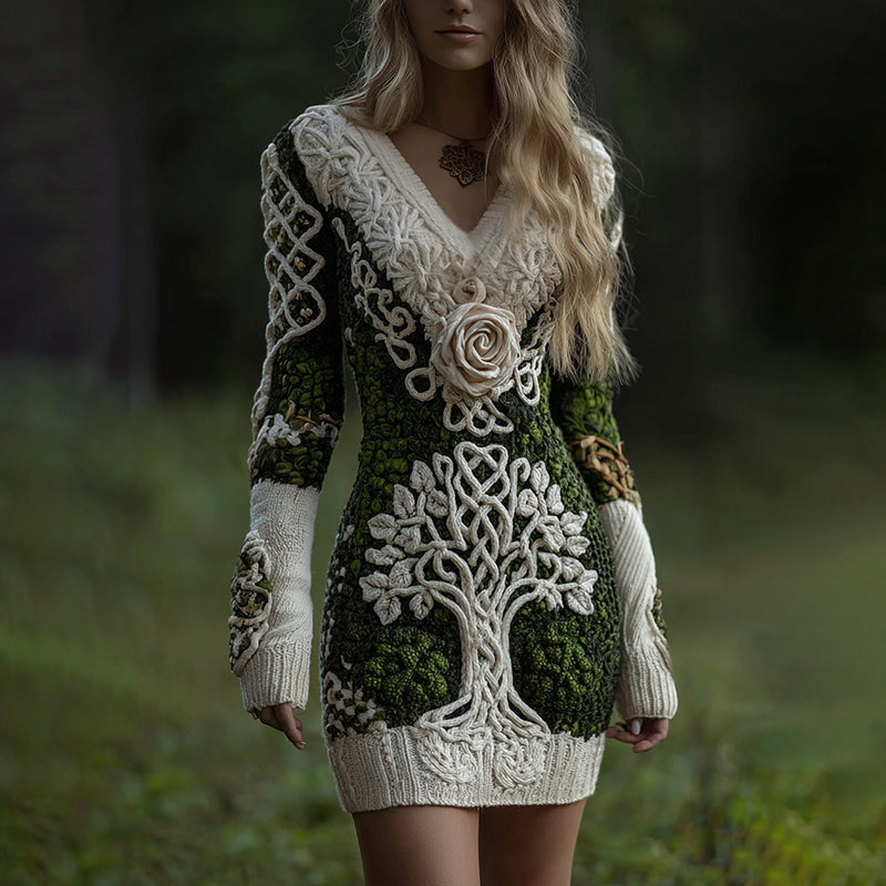 Women's Viking Celtic Tree Of Life With Rose Art Cozy Knit V Neck Mini Sweater Dress artswardrobe