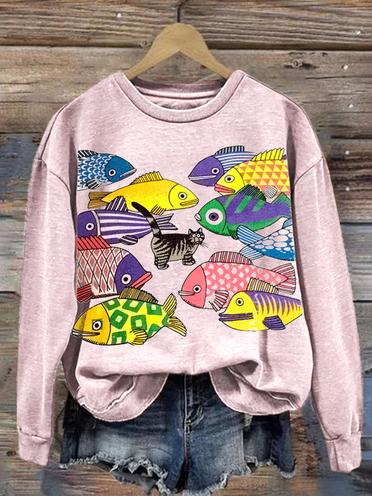 Comstylish Colorful Fish & Cat Print Vintage Sweatshirt