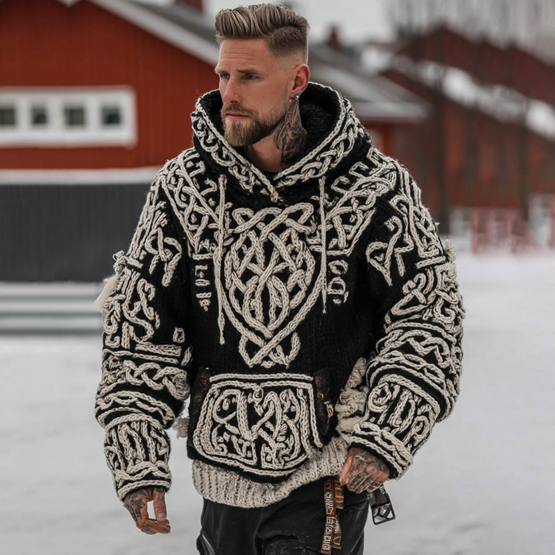 Men's Viking Celtic Pattern Art Cozy Knit Hooded Sweater artswardrobe