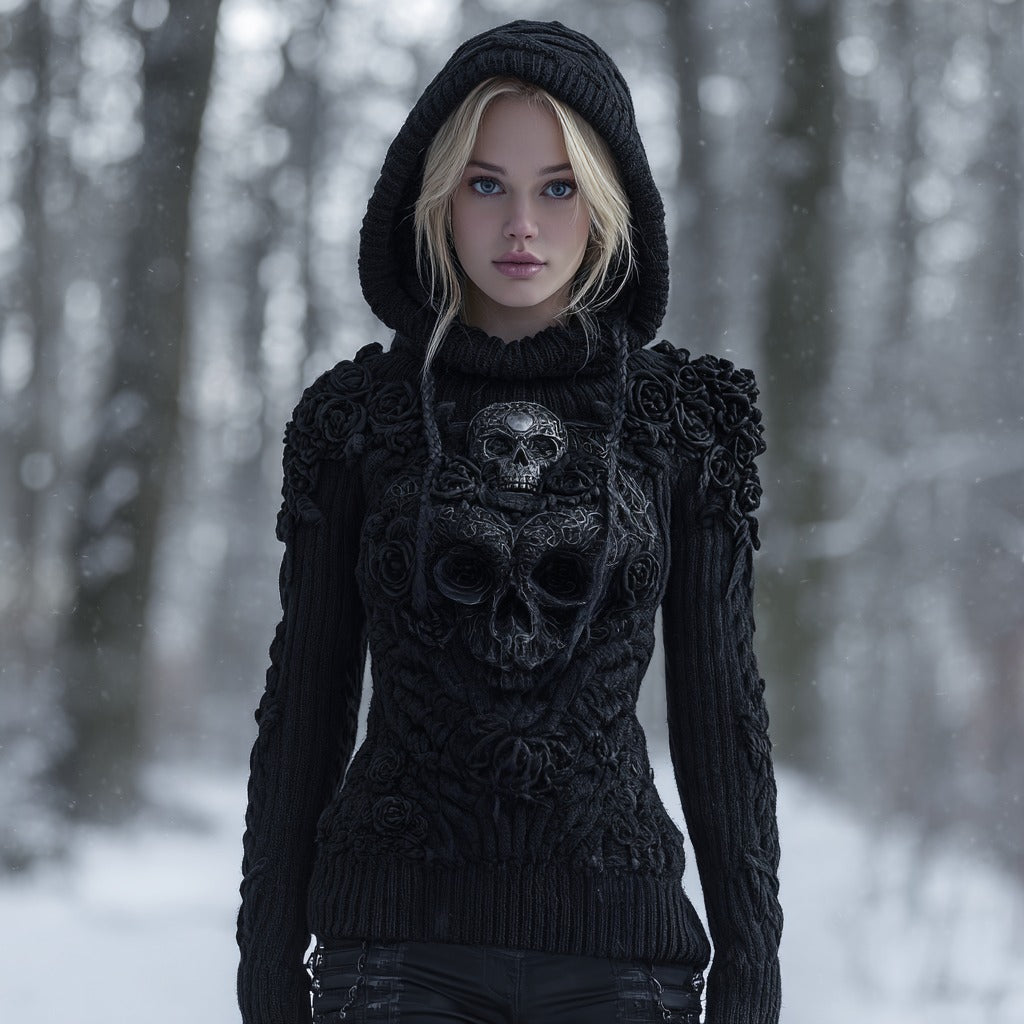 Women's Vintage Celtic Knot Skull And Roses Knitted Hooded Sweater artswardrobe