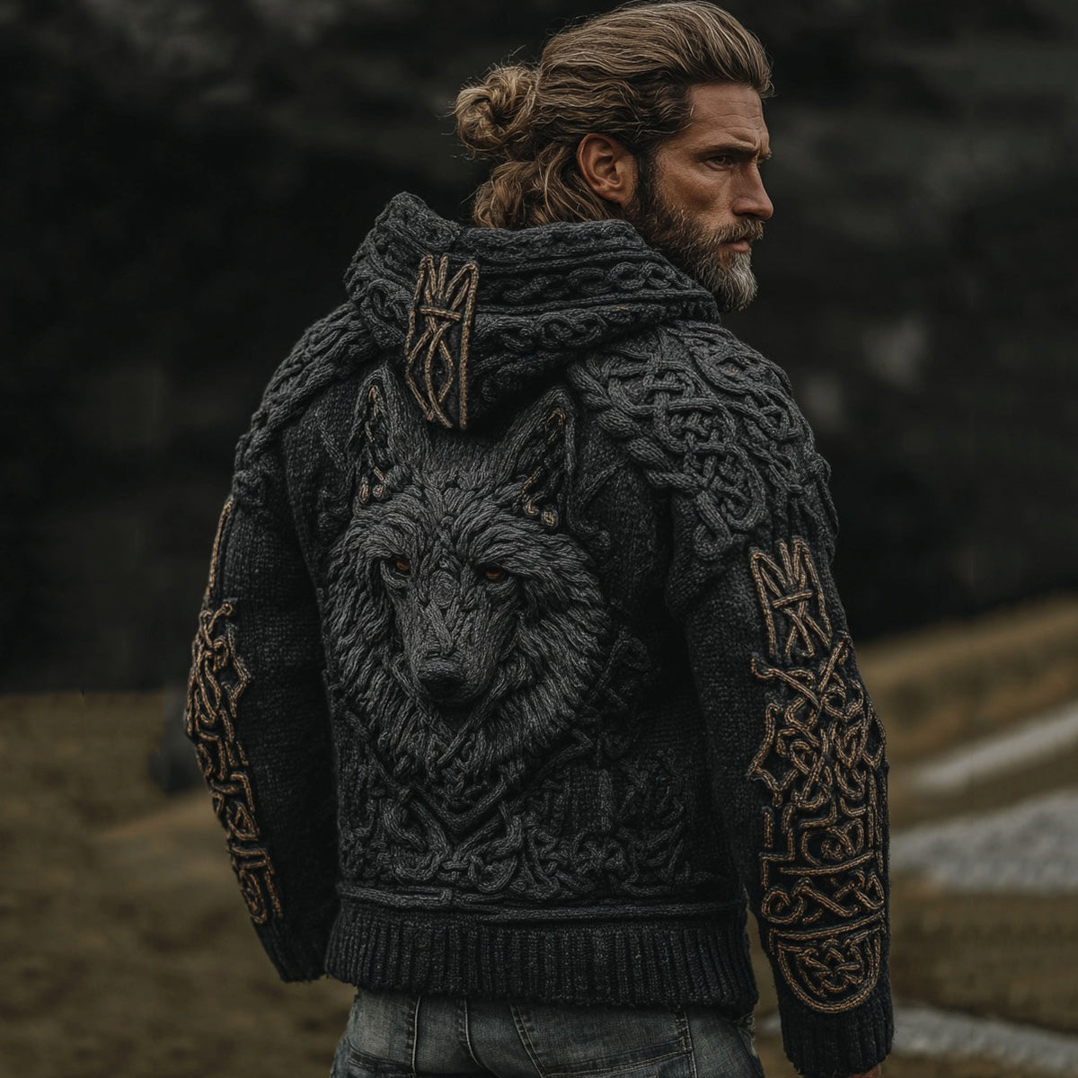 Men's Vintage Viking Wolf Jacquard Knitted Cozy Zipper Up Hooded Cardigan artswardrobe