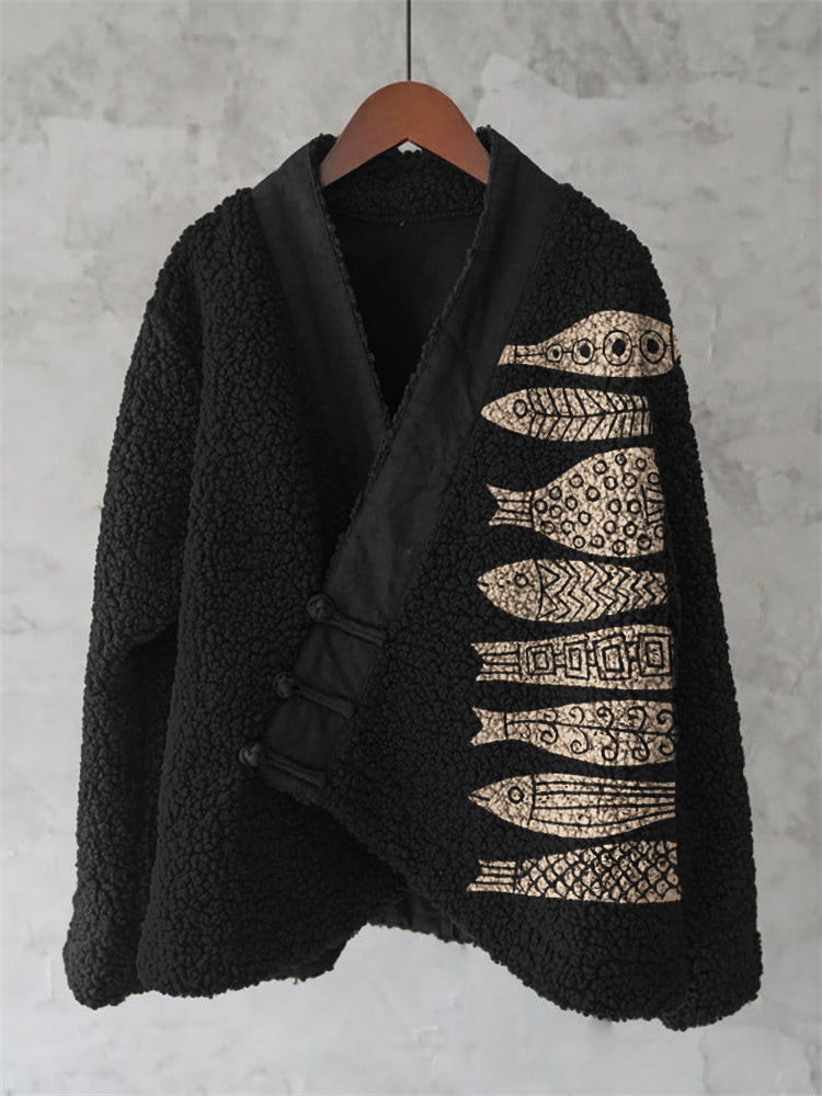 Comstylish Fish Japanese Lino Art Cozy Fleece Kimono Cardigan