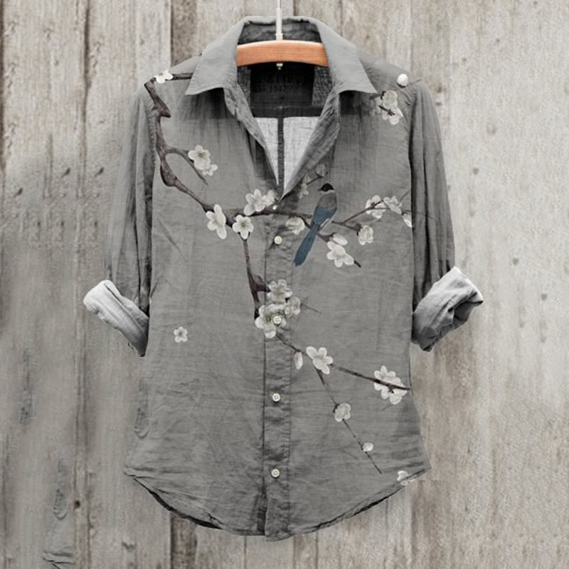 Comstylish Plum Blossom Bird Art Print Long Sleeve Cotton And Linen Shirt