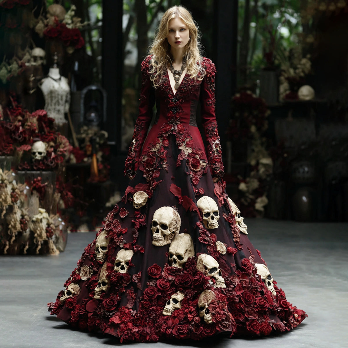 Comstylish Women's Retro Skull Flower Pattern V-neck Long Sleeve Maxi Dress