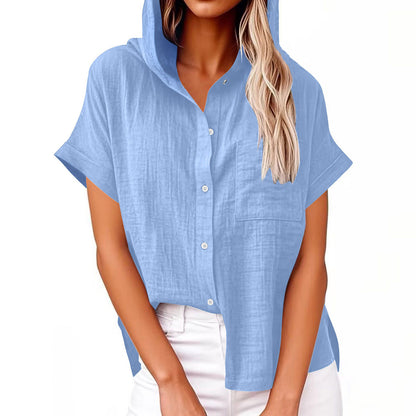 Women's Solid Color Linen Vintage Hooded Shirt artswardrobe