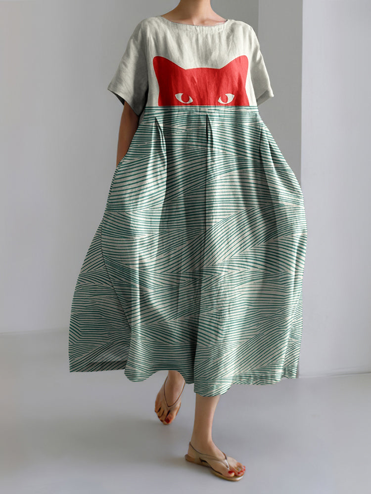 Abstract Creative Cute Shy Cat Painting Art Linen Blend Dress