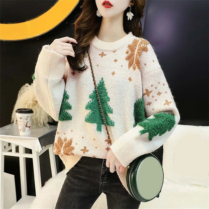 Carmen® | Warm knitted sweater with a Christmas tree print for women and a crew neck