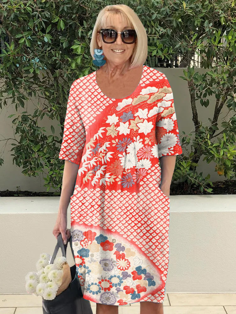 Vintage Japanese Floral Art Casual Pocket Dress