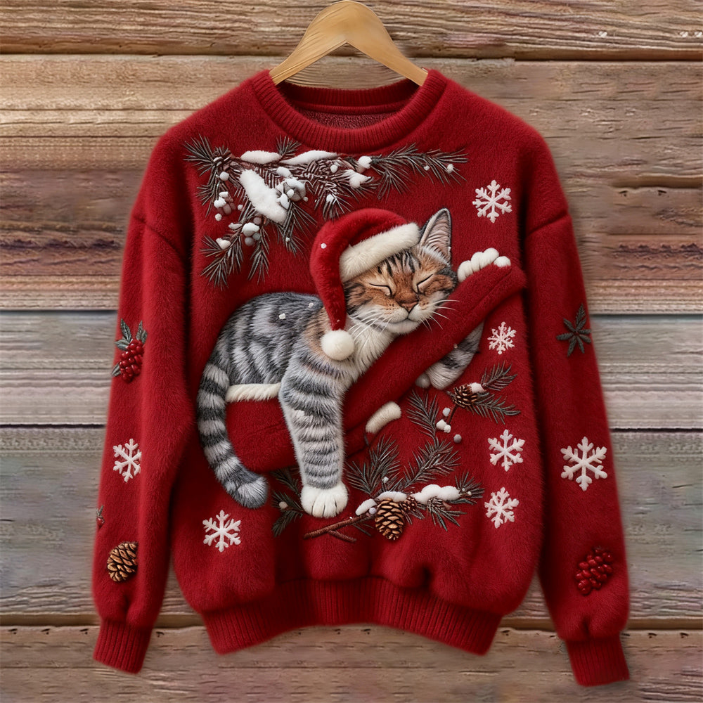 Christmas Lazy Cat Art Women's Cozy Plush Sweater artswardrobe