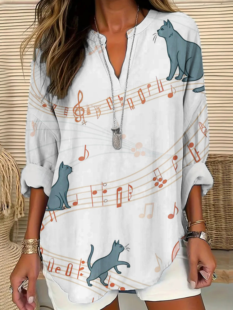 Comstylish Music Cat Element Printed Women's V-neck Long Sleeve Shirt