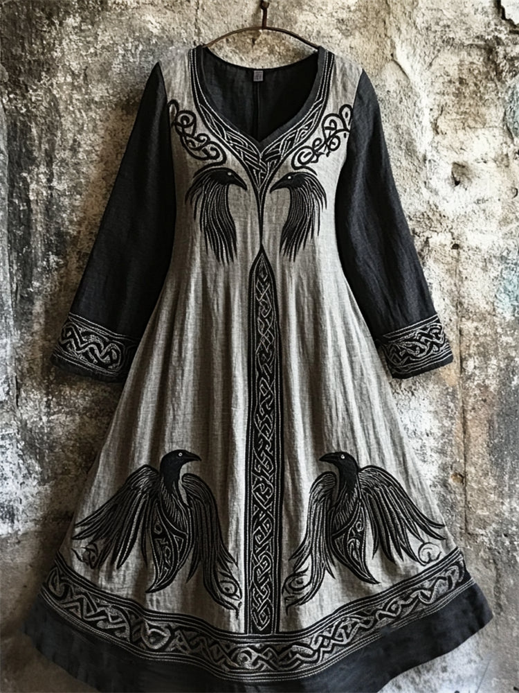 Medieval Ravens Viking Celtic Contrast Linen Maxi Dress artswardrobe