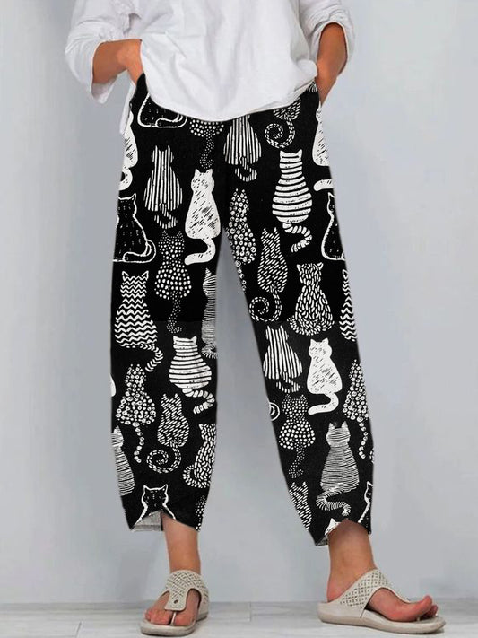 Comstylish Black and White Cat Line Print Linen Casual Pants
