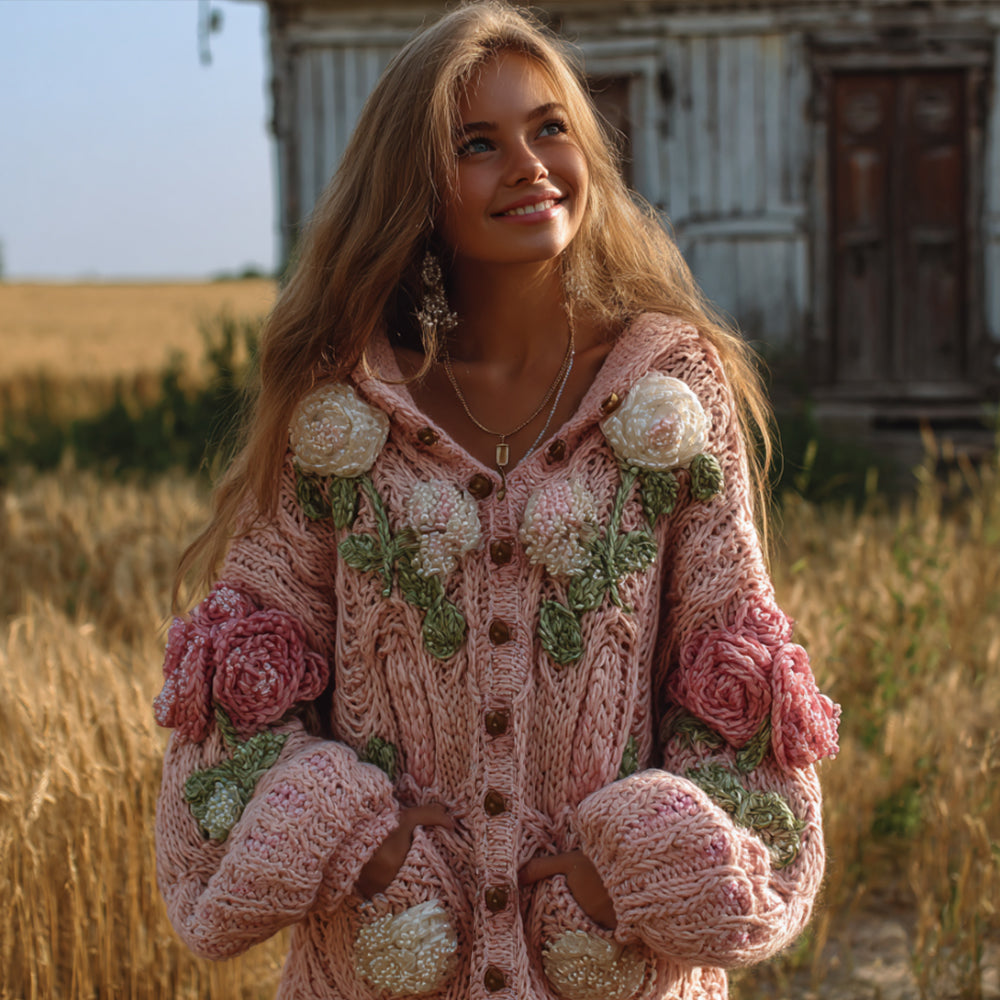 Comstylish Women's Vintage Three-dimensional Flower Hooded Long Sweater