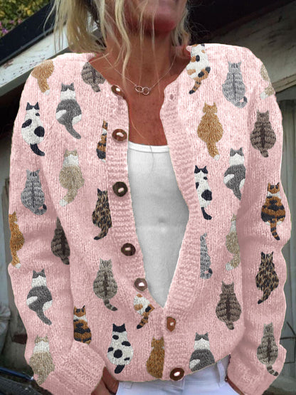 Cute Cats Embroidery Pattern Cozy Knit Cardigan elevenforest