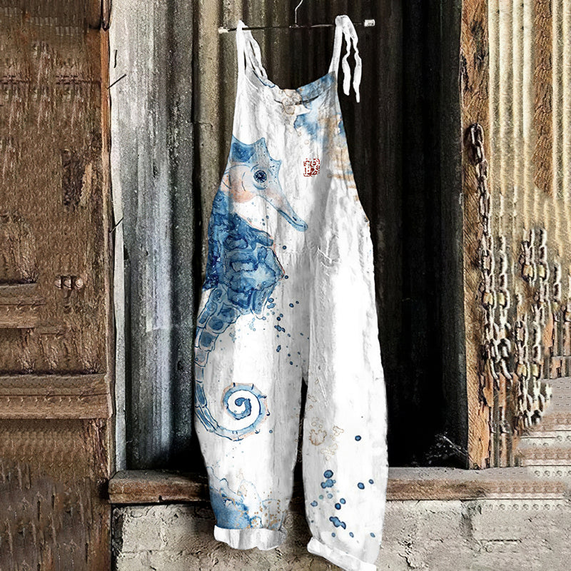 Comstylish Vintage Seahorse Ink Art Loose Casual Jumpsuit