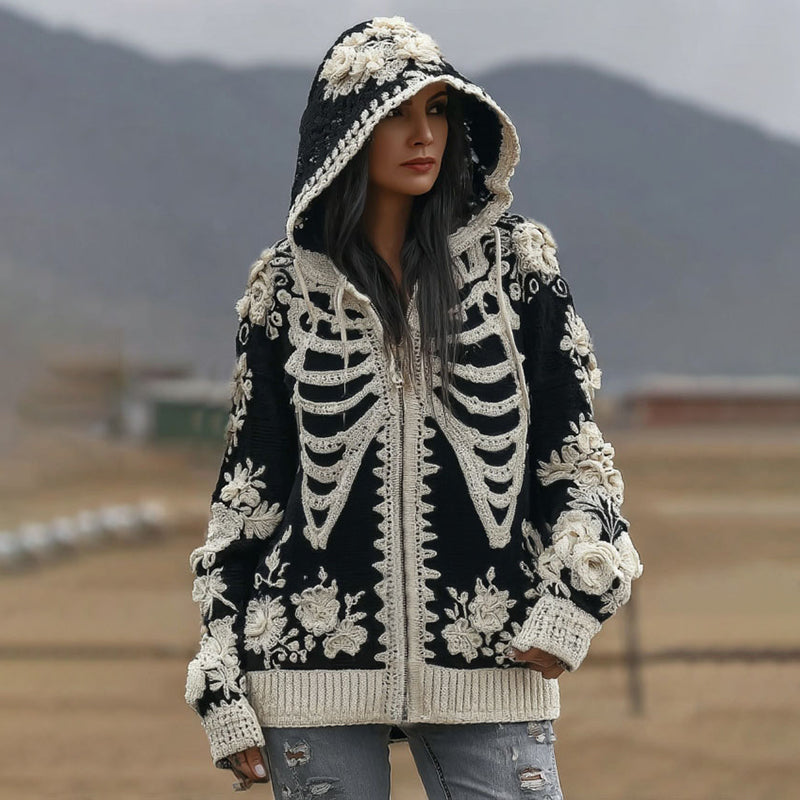 Comstylish Women's Vintage Skeleton Lace Embroidery Art Zipper Knit Hooded Sweater