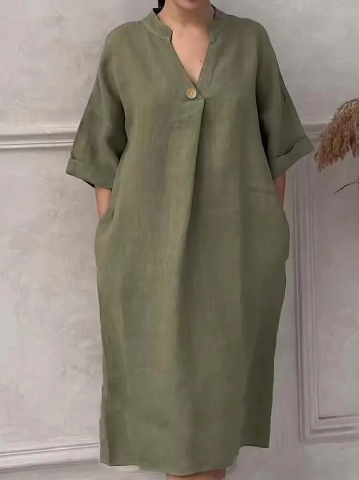 Women's Solid Color V-Neck Comfortable Cotton and Linen Pocket Dress