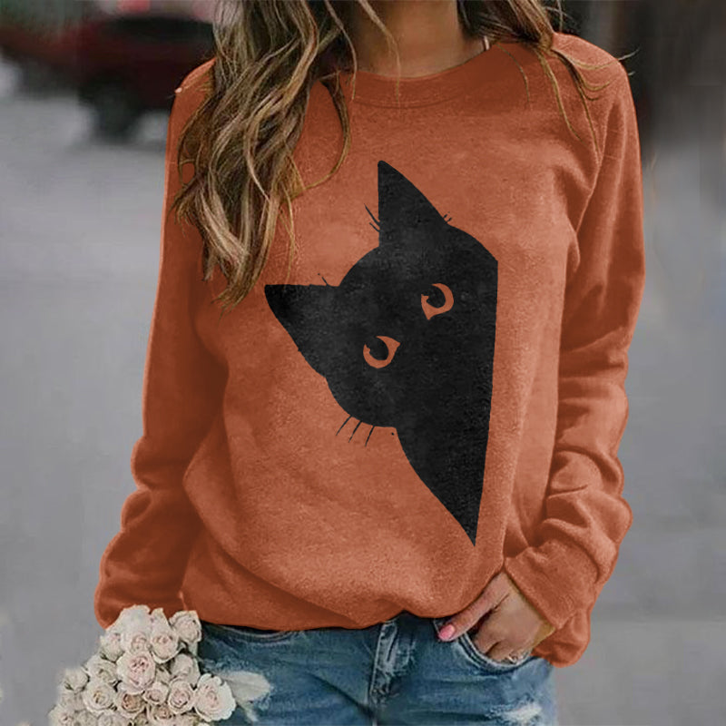 Women's Peek-A-Boo Hiding Black Cat Printed Sweatshirt elevenforest