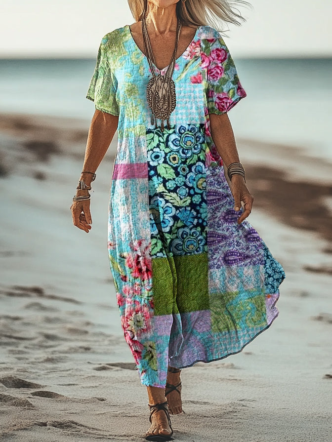 Women's Vintage Floral Patchwork Art Print Pocket Cotton Dress