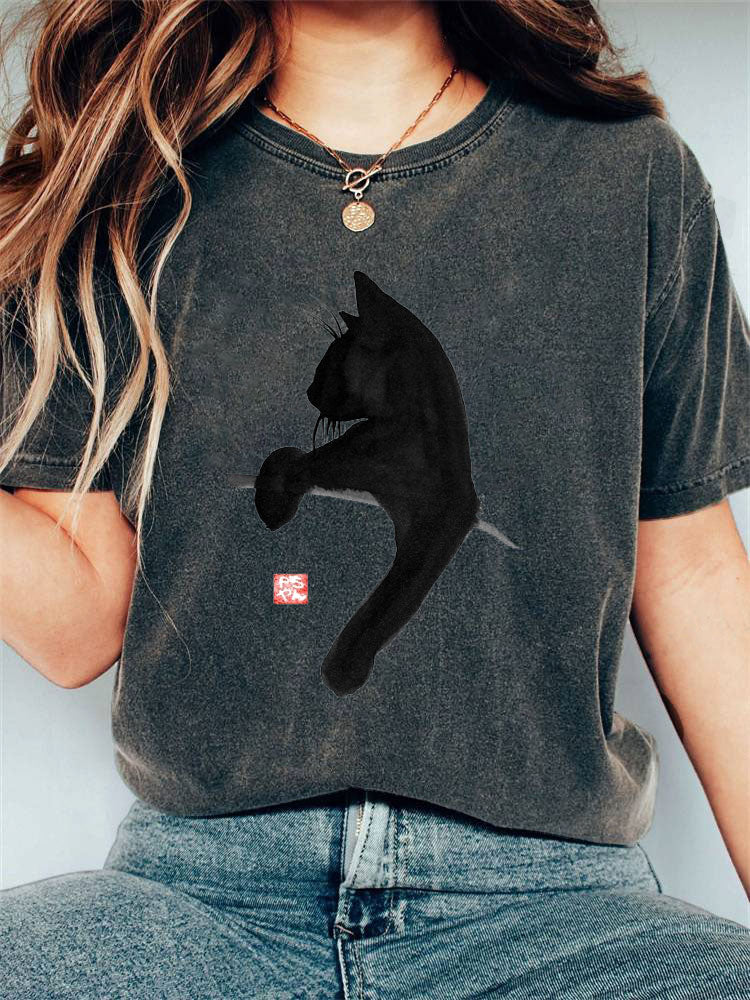Japanese Art Black Cat Print Cotton Blend T-shirt elevenforest