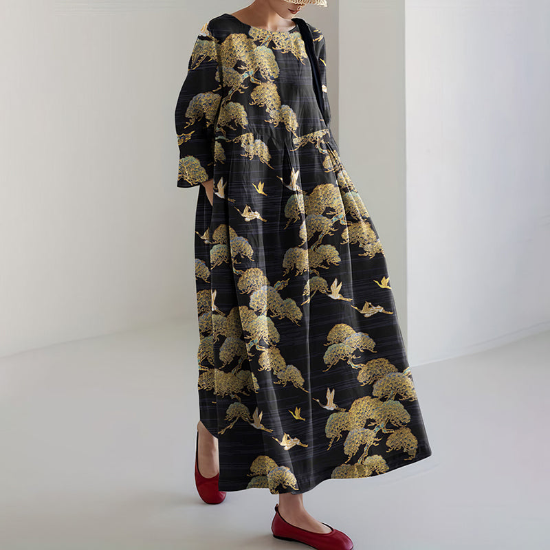 Comstylish Japanese Art Crane Print Round Neck Loose Midi Dress