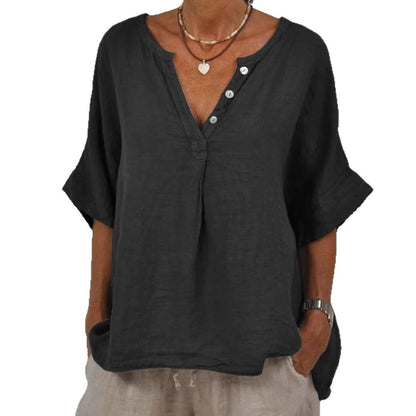 Women's Solid Color Button Linen V-neck Shirt artswardrobe
