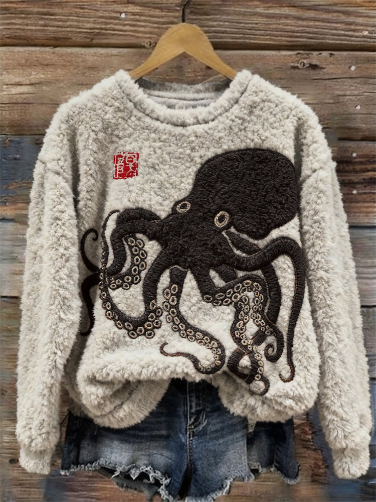 Comstylish Japanese Octopus Lino Art Embroidered Cozy Plush Sweatshirt