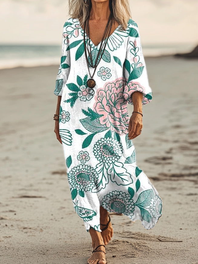 Women's Floral Art Print Pocket Cotton Dresses