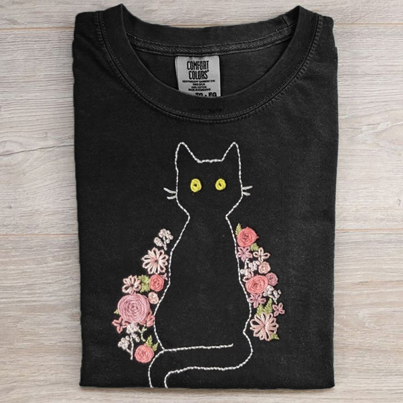 Pink Floral Black Cat Embroidered Comfy T Shirt elevenforest