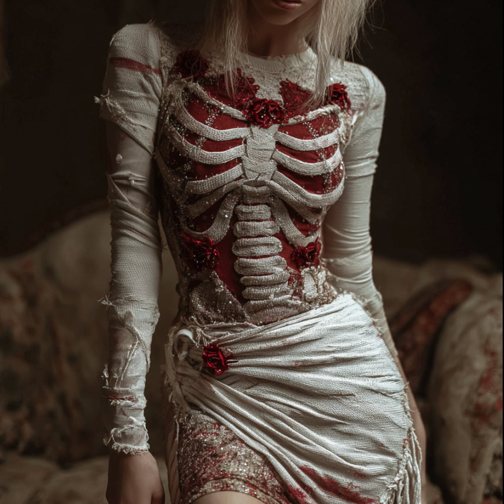 Women's Halloween Skeleton Bandage Shattered Dress artswardrobe