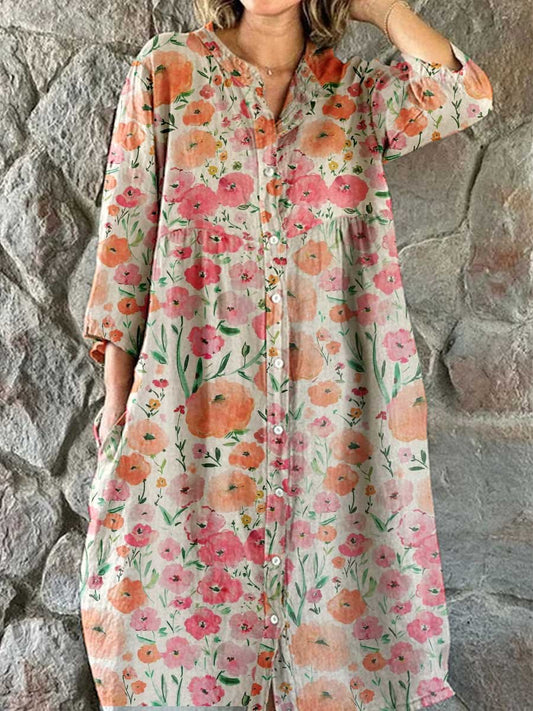 Women's Elegant Vintage Floral Print Shirt Style Cotton and Linen Dres