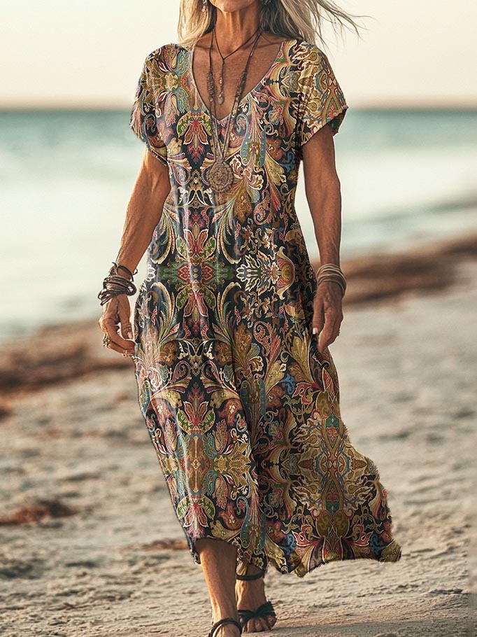 Women's Retro Ethnic Totem Art Pattern Print Pocket Cotton Dress