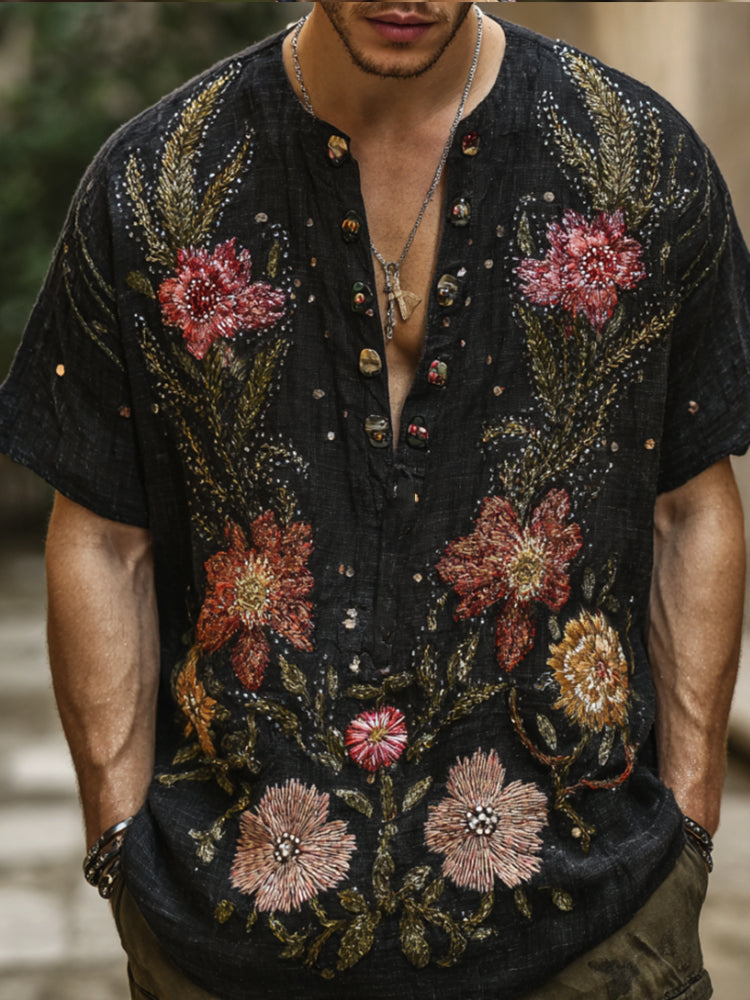 Bohemian Style Three-dimensional Plant And Flower Black Starry Sky Men's V-neck Short-sleeved Shirt artswardrobe