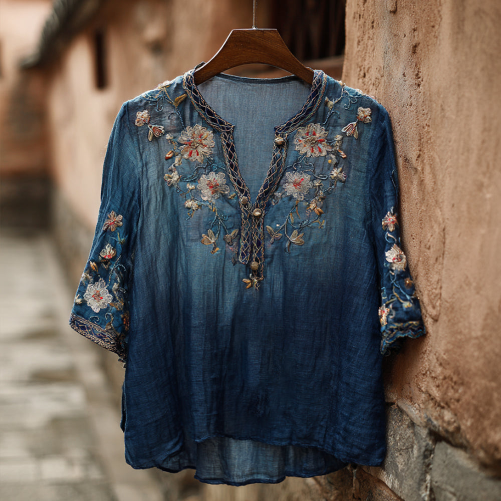 Western-style Plant And Flower Elements Casual V-neck Linen Short-sleeved Shirt artswardrobe