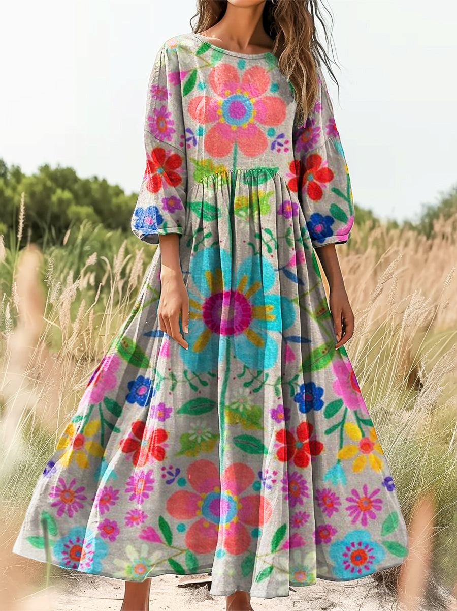 Women's Bohemian Floral Art Print Flowy Cotton Crew Neck Dress
