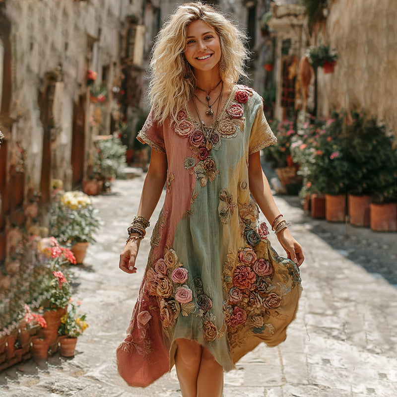 The Ice Cream Collection Women's Classic Bohemian Floral And Rose Gradient Art Linen V Neck Midi Dress artswardrobe