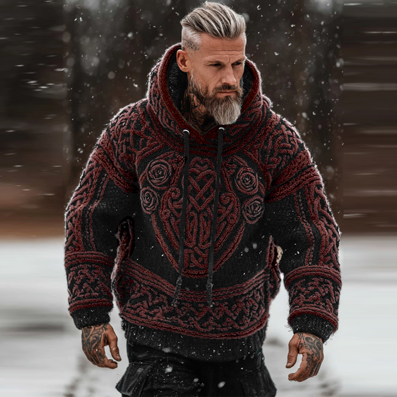 Men's Viking Tribal Jacquard Celtic With Rose Inspired Chunky Knit Hooded Sweater artswardrobe