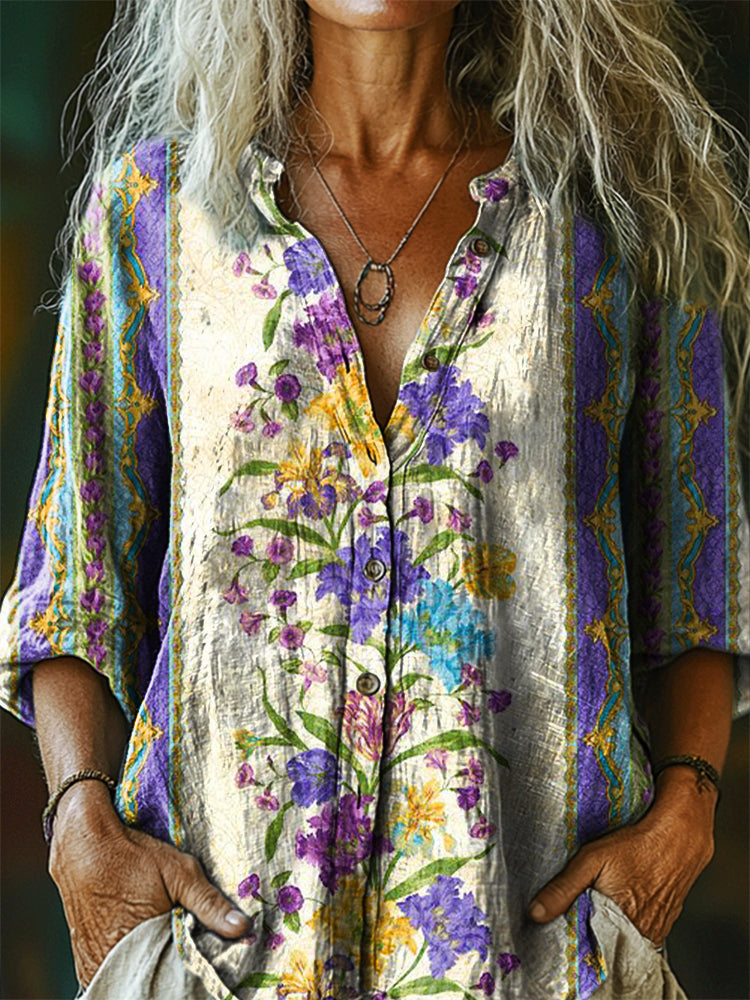 Women's Vintage Bohemian Floral Art Print Casual Cotton Linen Shirt