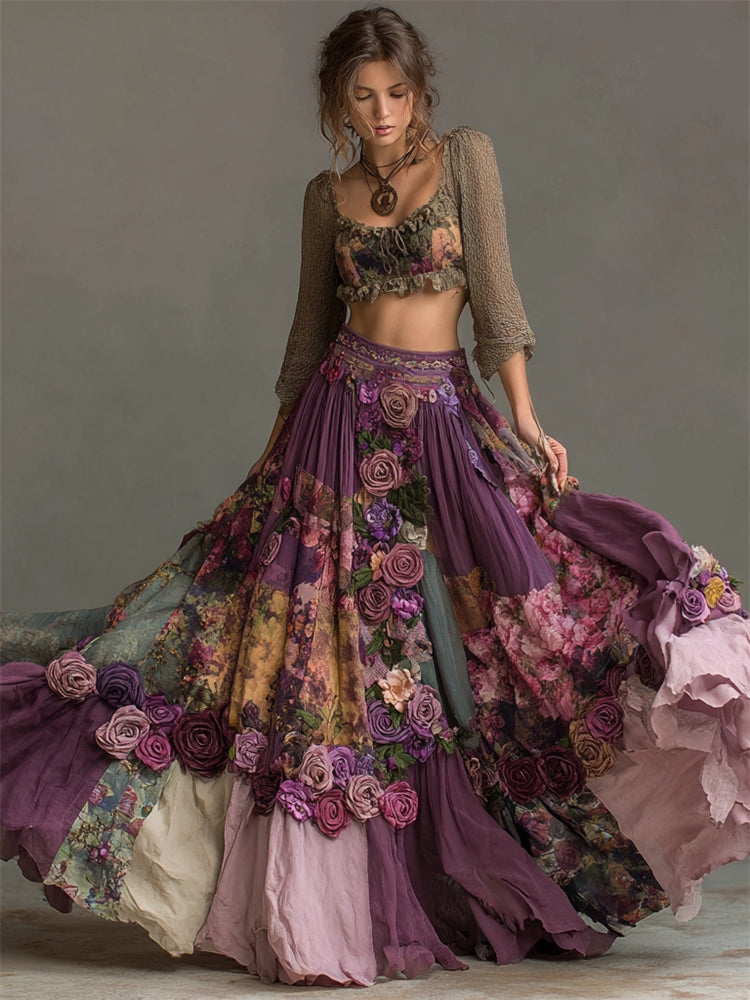 Vintage Purple Roses Embroidered Floral Patchwork Flowy Wide Skirt artswardrobe