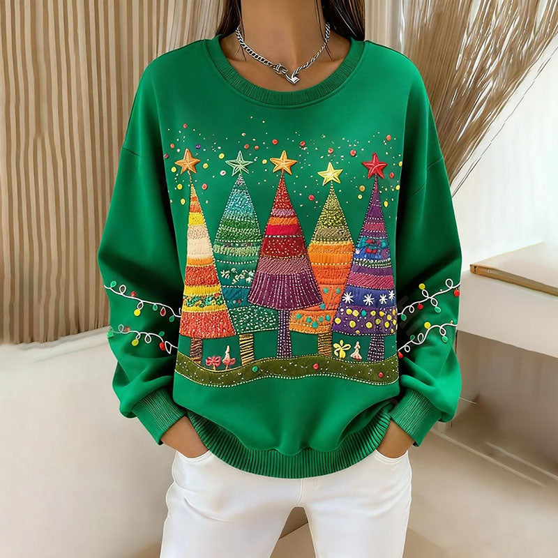 Comstylish Women's Christmas Tree Art Print Round Neck Casual Sweatshirt