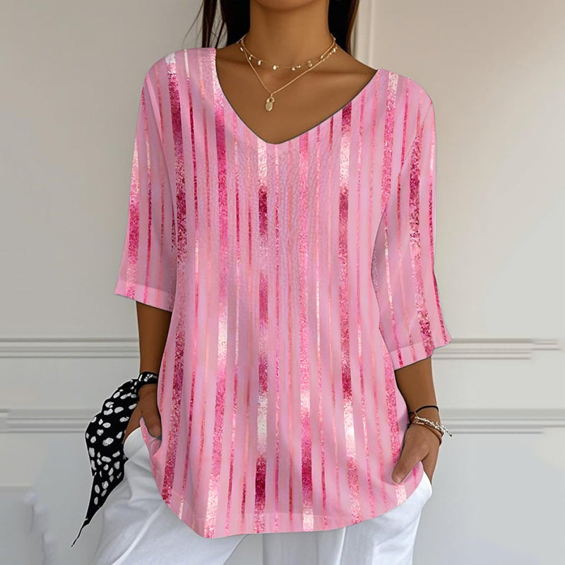 Striped Art Print V-neck Loose T-shirt artswardrobe