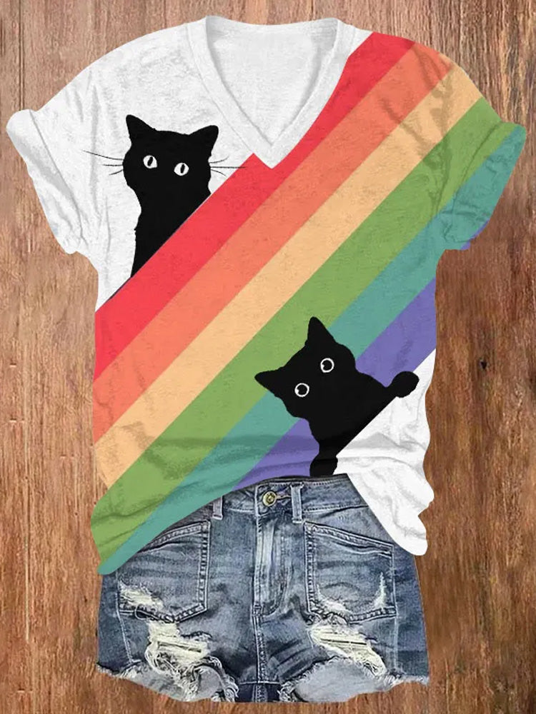 Japanese Art Black Cat In The Rainbow Print V-neck T-shirt elevenforest