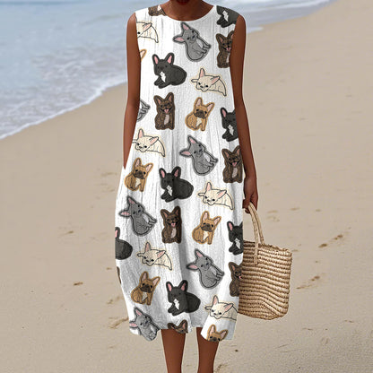 Retro Cute French Bulldog Art Linen Tank Midi Dress artswardrobe