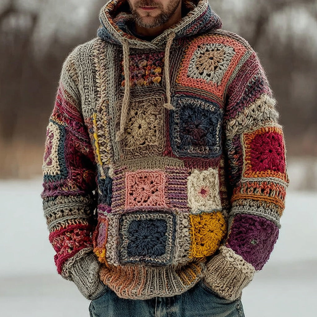 Men's Fair Isle Geometric Crochet Jacquard Warm Hooded Sweater artswardrobe